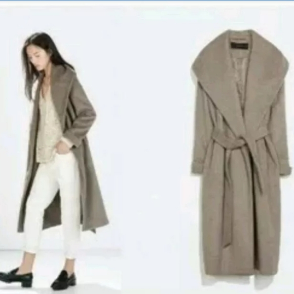 SOLD. ZARA Robe Coat Wool w/ Shawl Collar and Belt - Picture 2 of 8